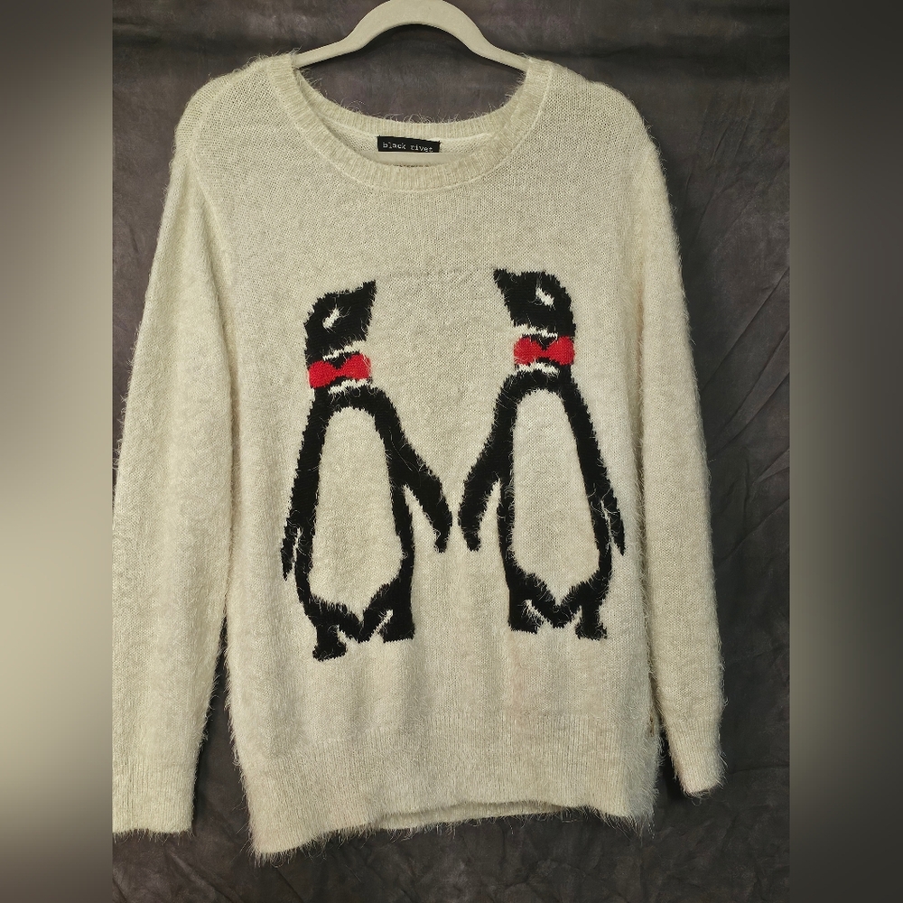 Black Rivet Black and White Crew Neck Sweater with Penguin Graphic